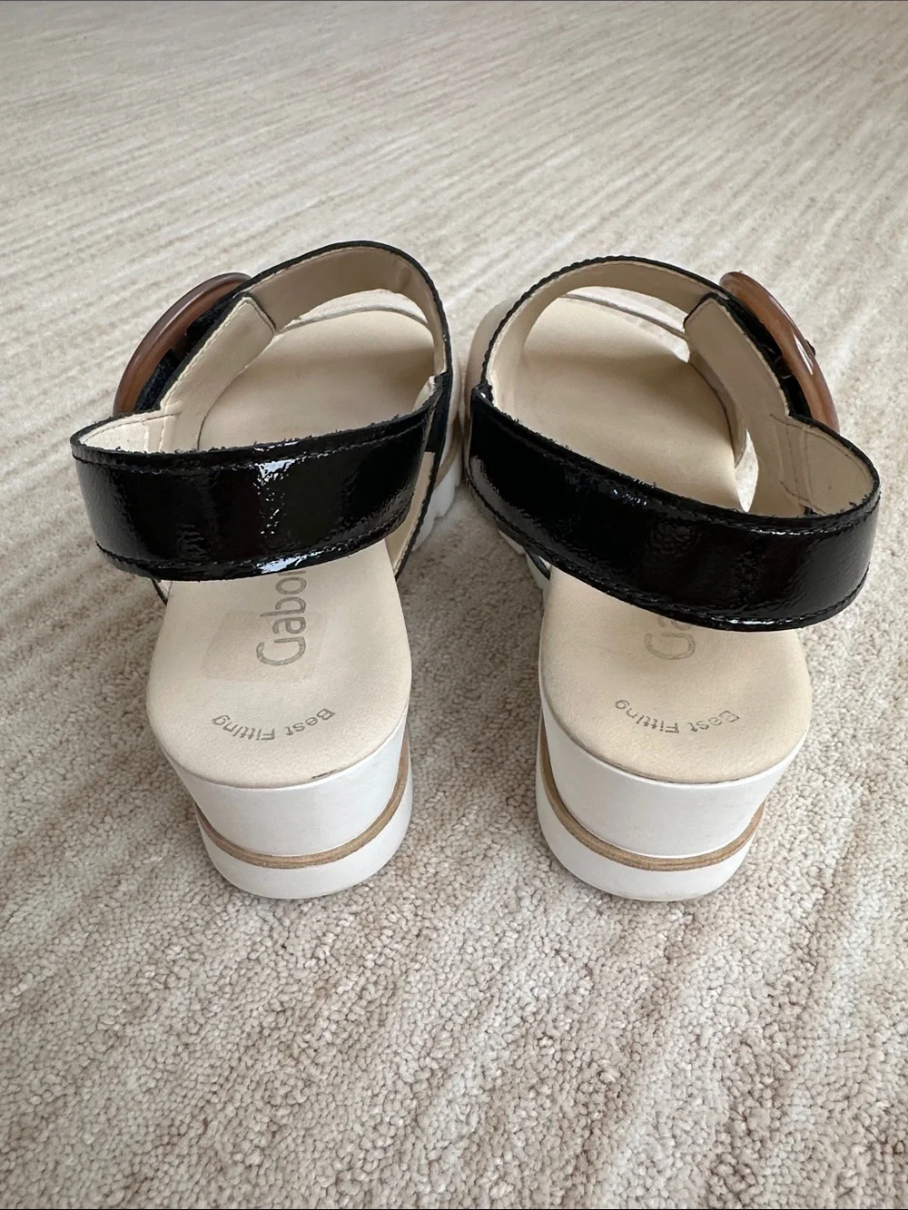 GABOR Freya Wedge Platform Sandal Beige with Black Patent Size UK 6.5 | US 9